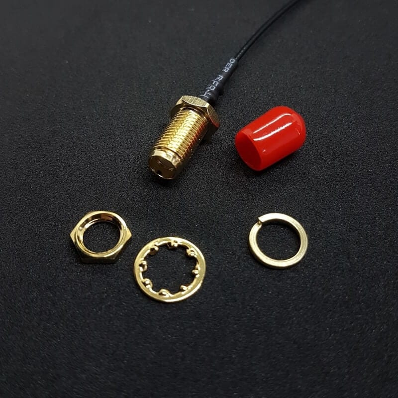 Panel-mount SMA female connector with nut, lock washer, flat washer and protective cap