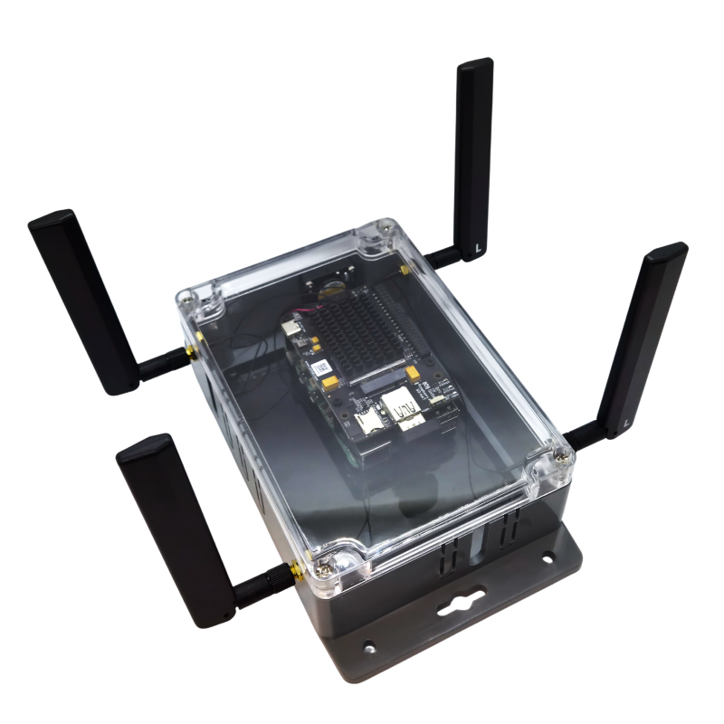 Sixfab 5G Development Kit v2 assembled, top angled view with clear lid and four antennas