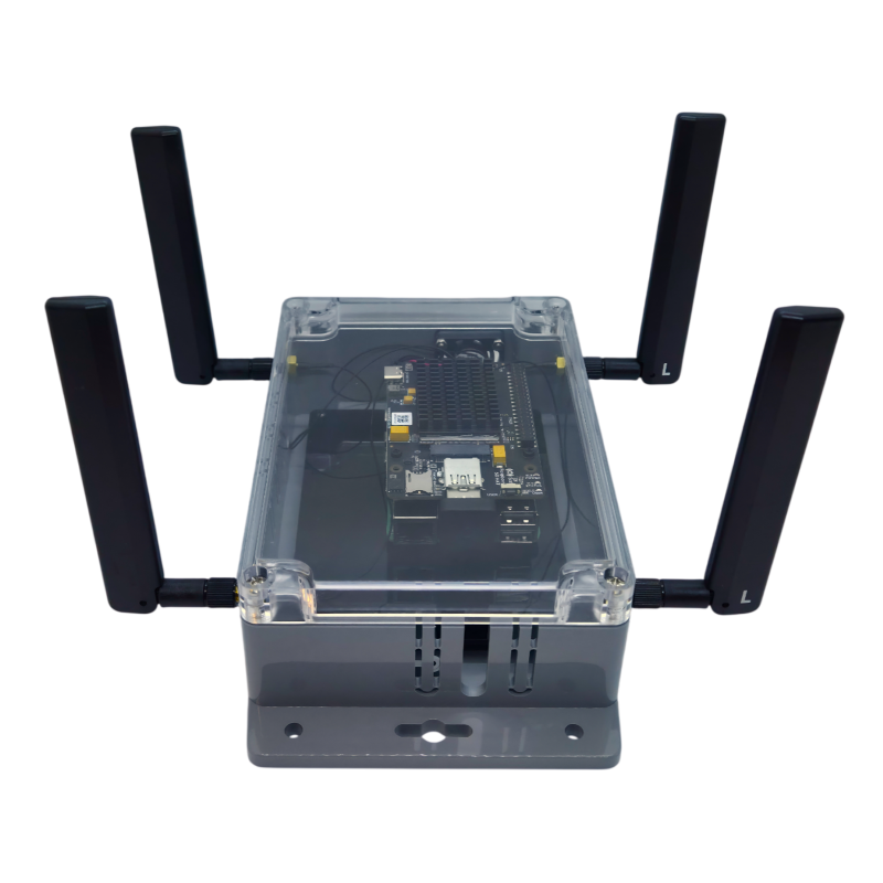 Sixfab 5G Development Kit v2 assembled, front view with four antennas on the enclosure