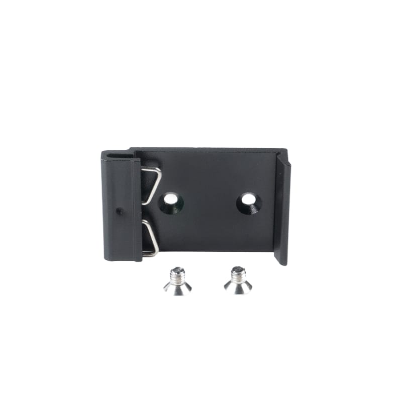 Pre-drilled DIN rail adapter from the ALPON mount kit, front view showing the mounting-hole pattern