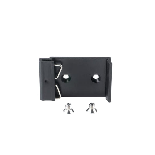 Pre-drilled DIN rail adapter from the ALPON mount kit, front view showing the mounting-hole pattern
