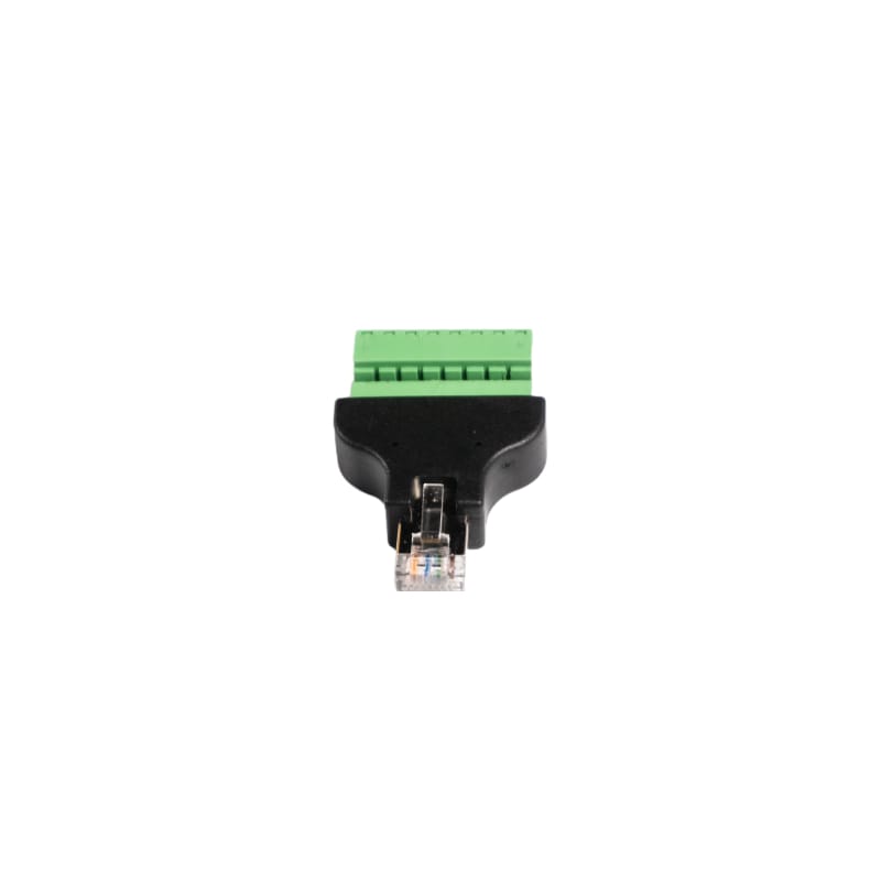 Black PVC housing of the ALPON GPIO Expansion RJ45-to-8-pin terminal block adapter