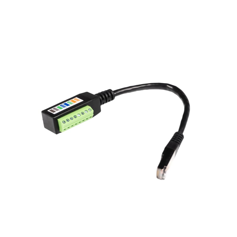 RJ45 male connector and 8-pin screw terminal block of the ALPON GPIO Expansion adapter cable