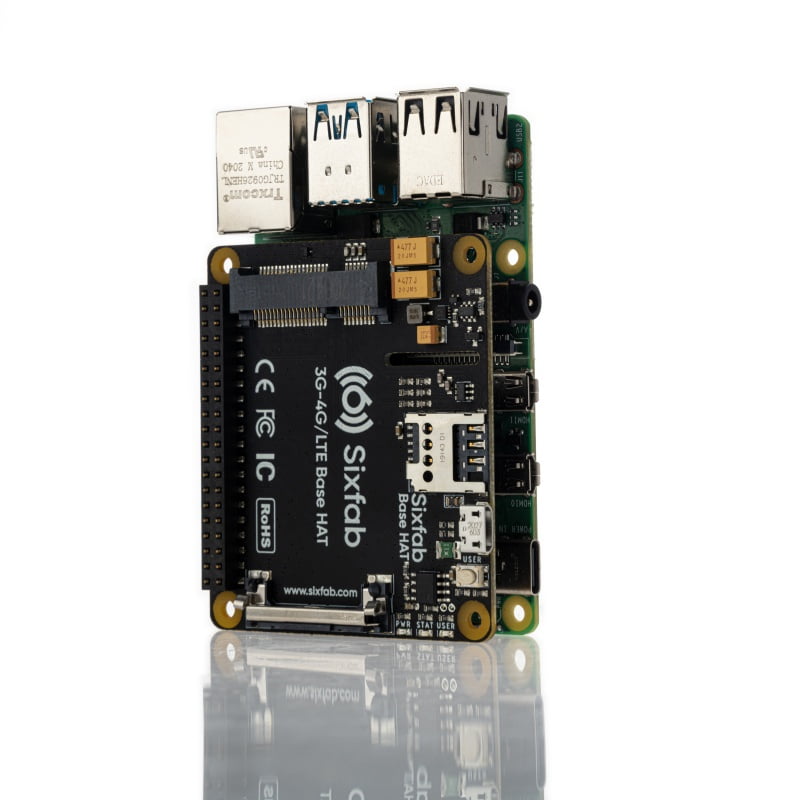 Sixfab 3G-4G/LTE Base HAT, front view, 40-pin GPIO cellular carrier for Raspberry Pi