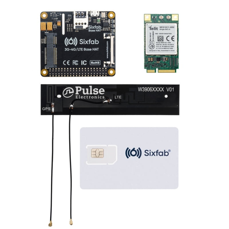 Sixfab LTE-M Cellular IoT Developer Kit for Raspberry Pi, Base HAT with Telit ME910C1-WW Mini PCIe LTE-M / NB-IoT module and LTE/GNSS u.FL antenna