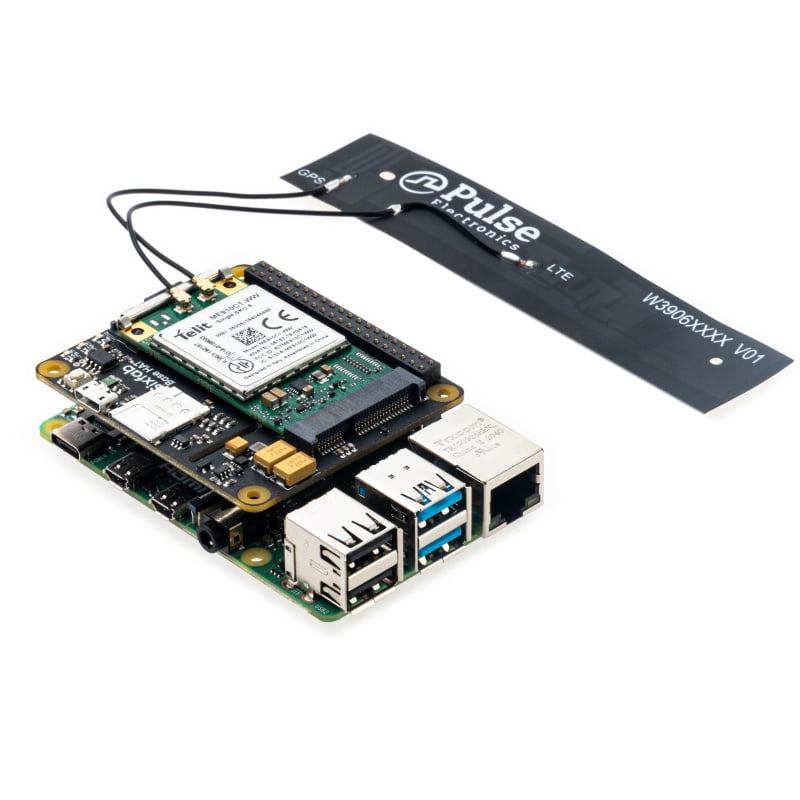 Five-component LTE-M Cellular IoT Kit pack contents, Sixfab Base HAT, Telit ME910C1-WW module, LTE/GNSS dual u.FL antenna, micro-USB cable, and Sixfab IoT SIM