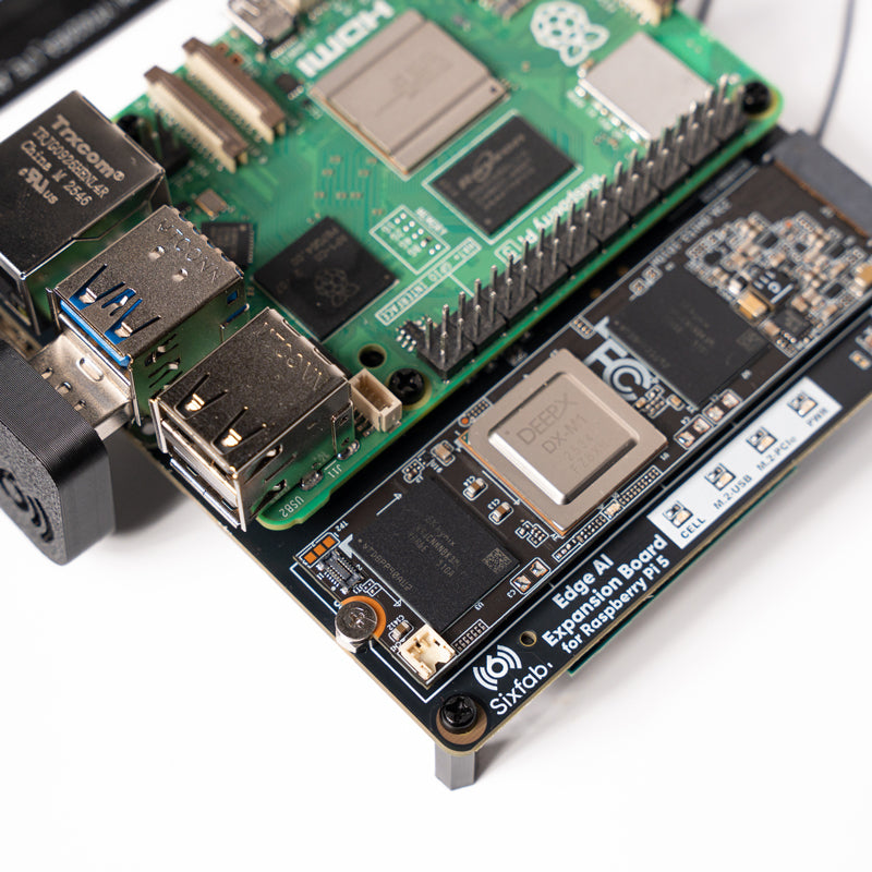 Edge AI Expansion Board mounted as a bottom HAT under a Raspberry Pi 5 with the DEEPX DX-M1 in the M.2 AI slot