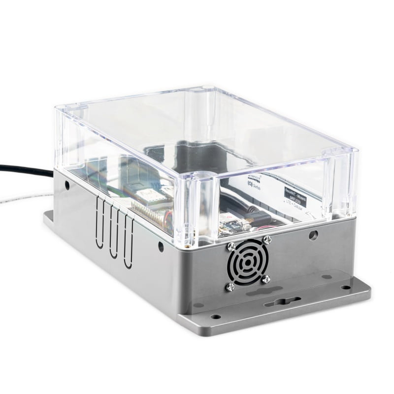 Sixfab transparent extended cover seated on the IP65 Outdoor Project Enclosure base, the clear lid leaving status LEDs visible