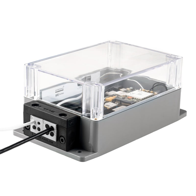 Angled view of the Sixfab transparent extended enclosure cover showing its raised profile that adds ~37 mm of interior clearance