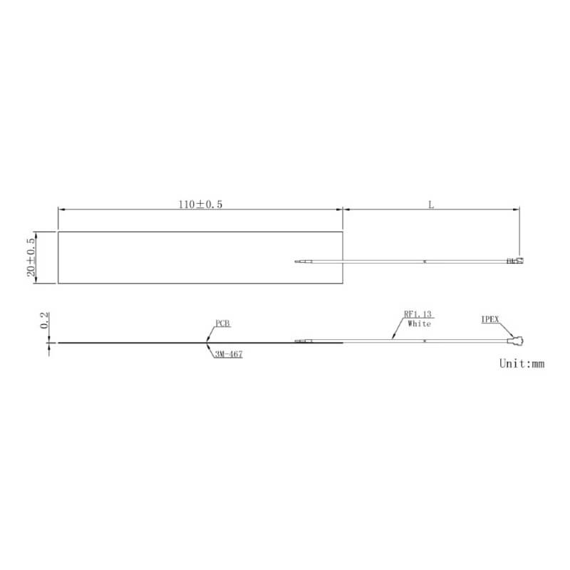 LTE Full-Band PCB Antenna dimensional drawing, 110 x 20 x 0.15 mm FPC with 100 mm u.FL pigtail callout