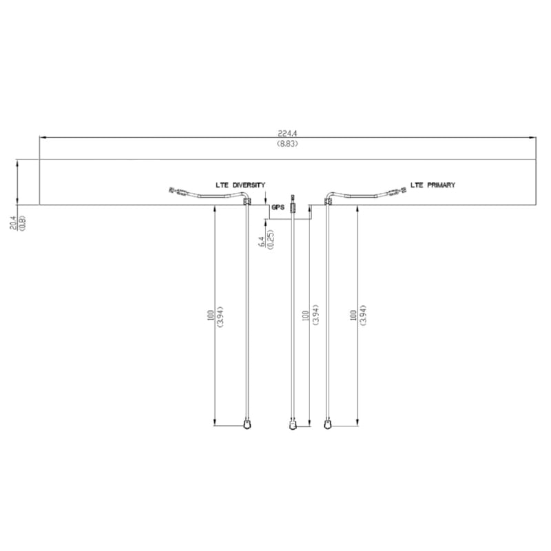 Dimensional drawing of the LTE Main + Diversity + GNSS triple-port antenna, 224 x 20.4 mm foldable enclosure with three 100 mm u.FL pigtails