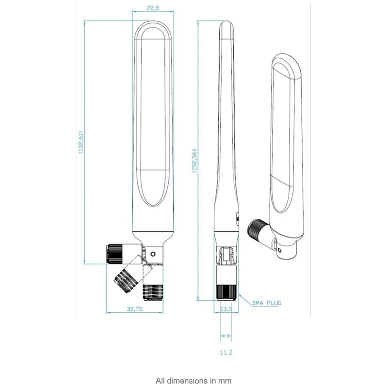 Sixfab blade antenna dimension drawing, 13.5 x 22.5 x 143.7 mm, with hinged swivel SMA detail