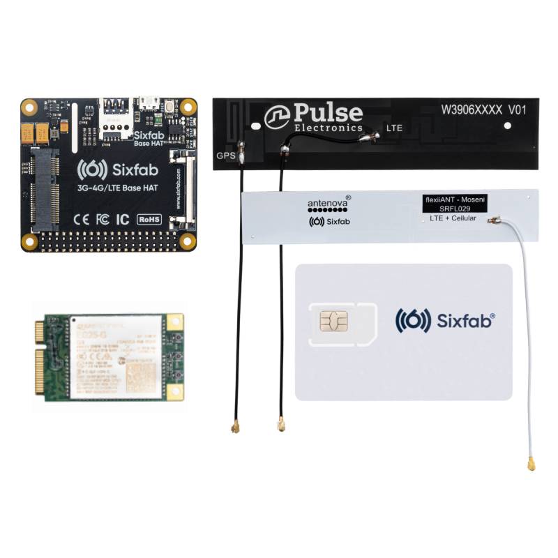 Sixfab 4G/LTE Cellular Modem Kit for Raspberry Pi with Base HAT and EG25-G module, top view