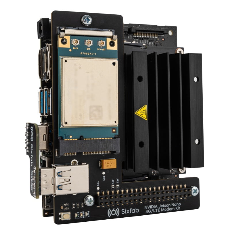 Sixfab 4G/LTE Jetson Nano kit contents: modem, Base HAT, USB Bridge, LTE and LTE-GNSS antennas, and Sixfab IoT SIM