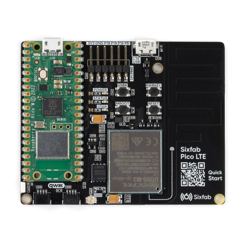 Sixfab Pico LTE, Raspberry Pi Pico W + Quectel BG95-M3 cellular IoT dev board, top view