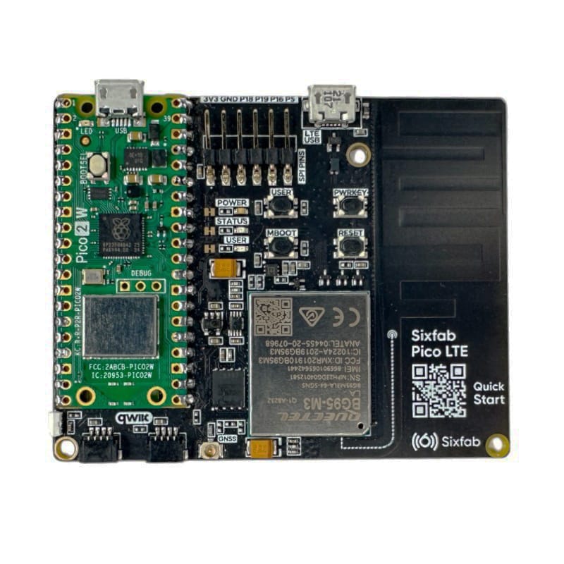 Sixfab Pico LTE 2, hero front view, RP2350 cellular IoT board with soldered Quectel BG95-M3 modem