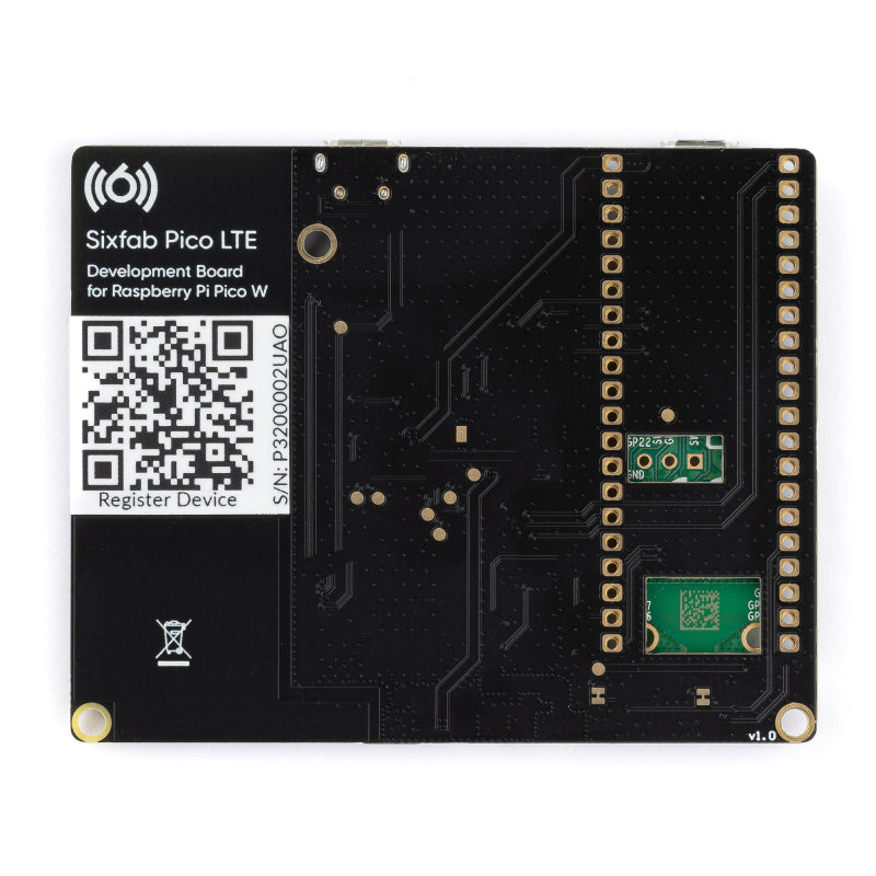 Sixfab Pico LTE 2, side profile, RP2350 cellular IoT board with micro-USB ports and embedded MFF2 SIM