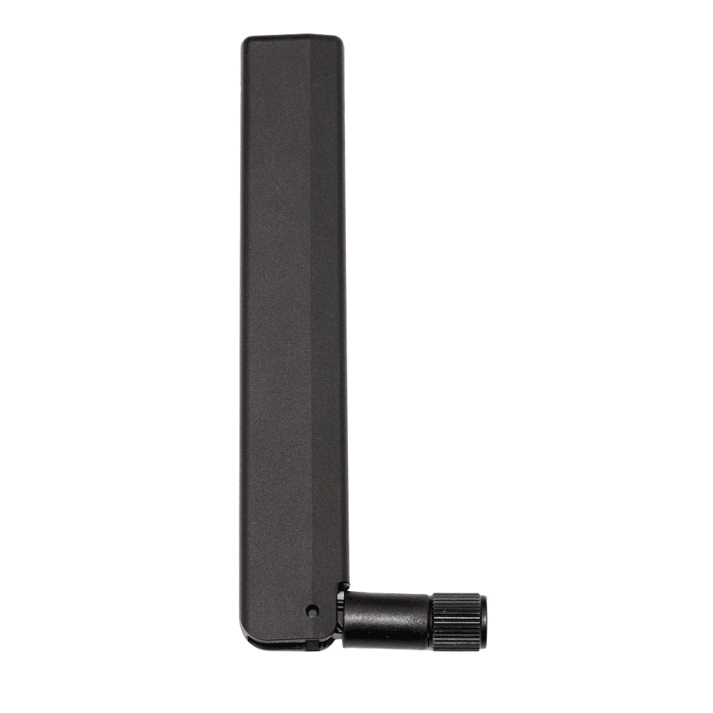 5G/LTE omni-directional antenna standing upright, hinge folded at 90°
