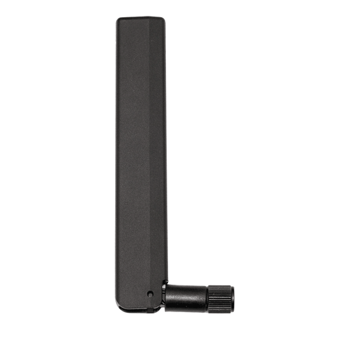 5G/LTE omni-directional antenna standing upright, hinge folded at 90°
