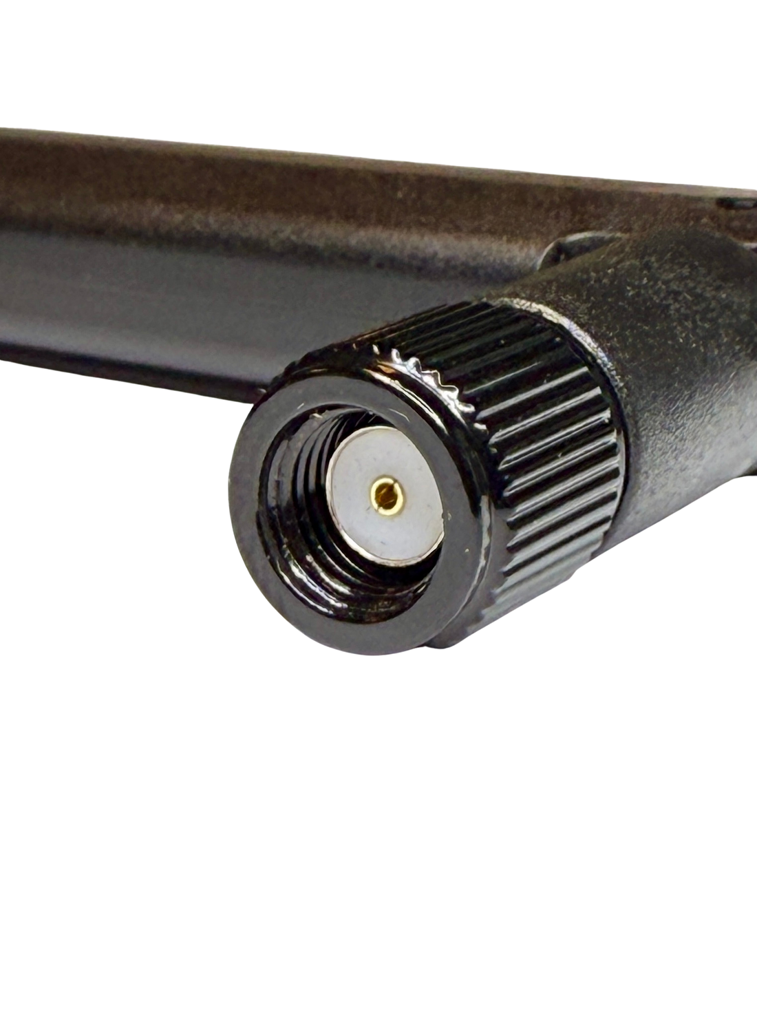 Close-up of the tri-band Wi-Fi antenna's RP-SMA male connector
