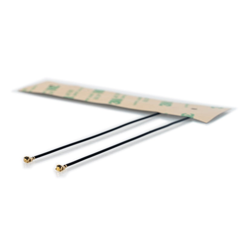 Twin u.FL pigtails of the Sixfab dual antenna, one LTE feed and one GNSS feed, 100 mm cables