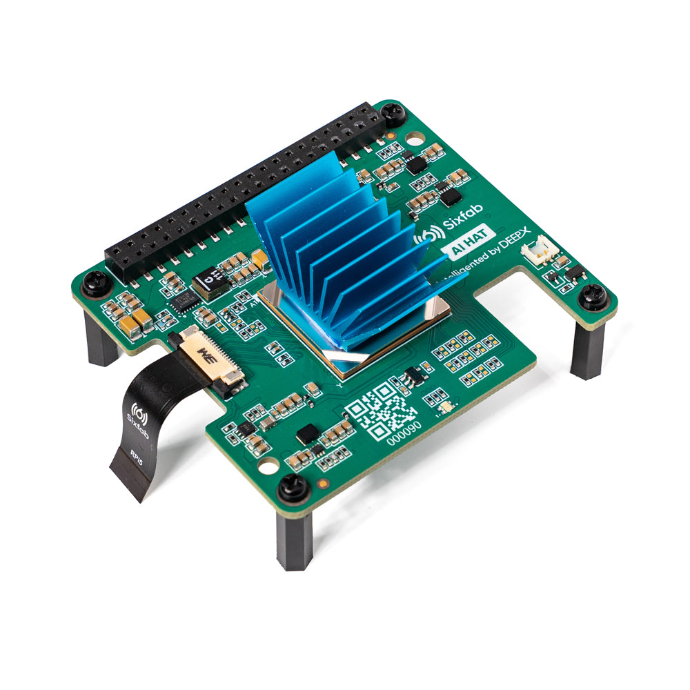 Sixfab AI HAT+ angled view with 40-pin GPIO header and PCIe connector