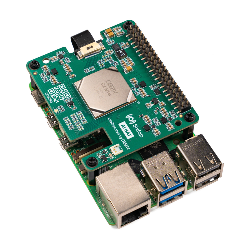 Sixfab AI HAT+ board detail showing DEEPX DX-M1 NPU for 25 TOPS edge AI inference