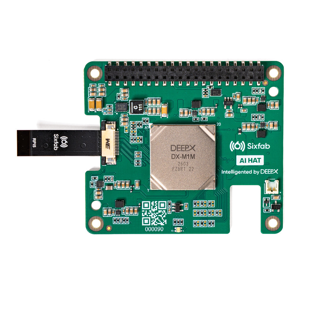 Sixfab AI HAT+ mounted on Raspberry Pi 5 over PCIe FFC cable