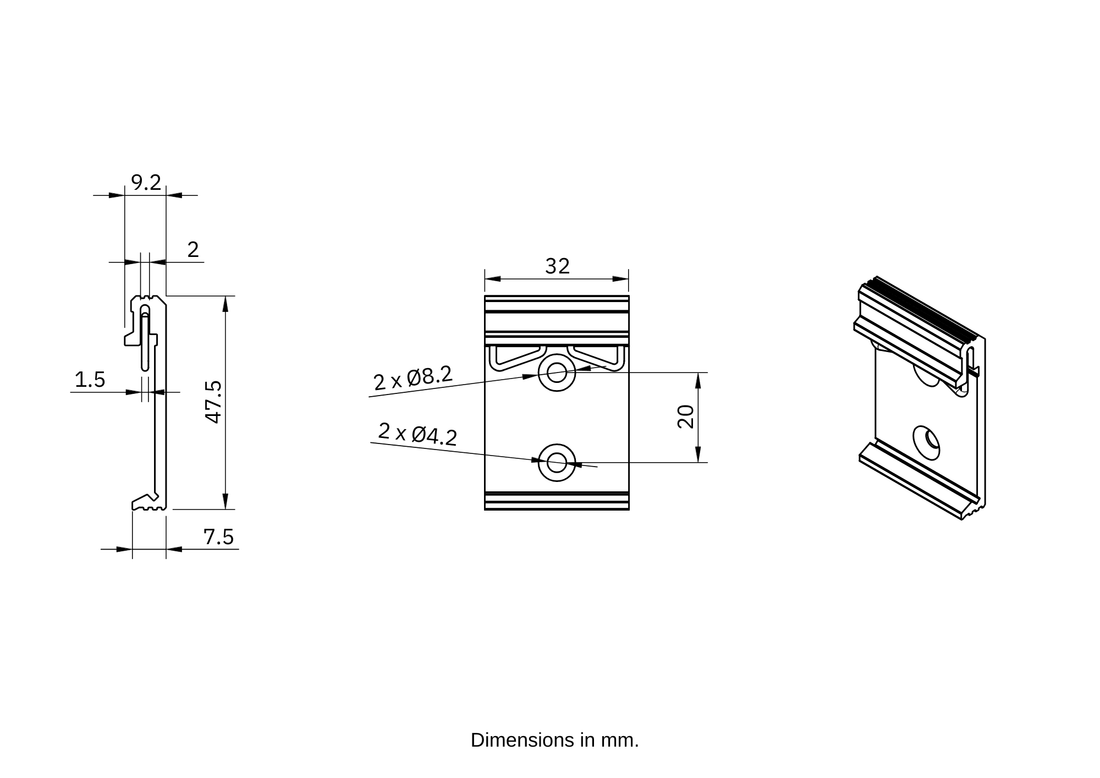 ALPON X4 DIN rail mount dimensions drawing with labeled adapter and mounting-hole layout