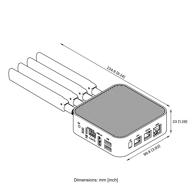 Sixfab ALPON X4 dimensions diagram: 111.16 x 99.9 x 33 mm without antennas, 234.9 mm with antennas, showing port layout