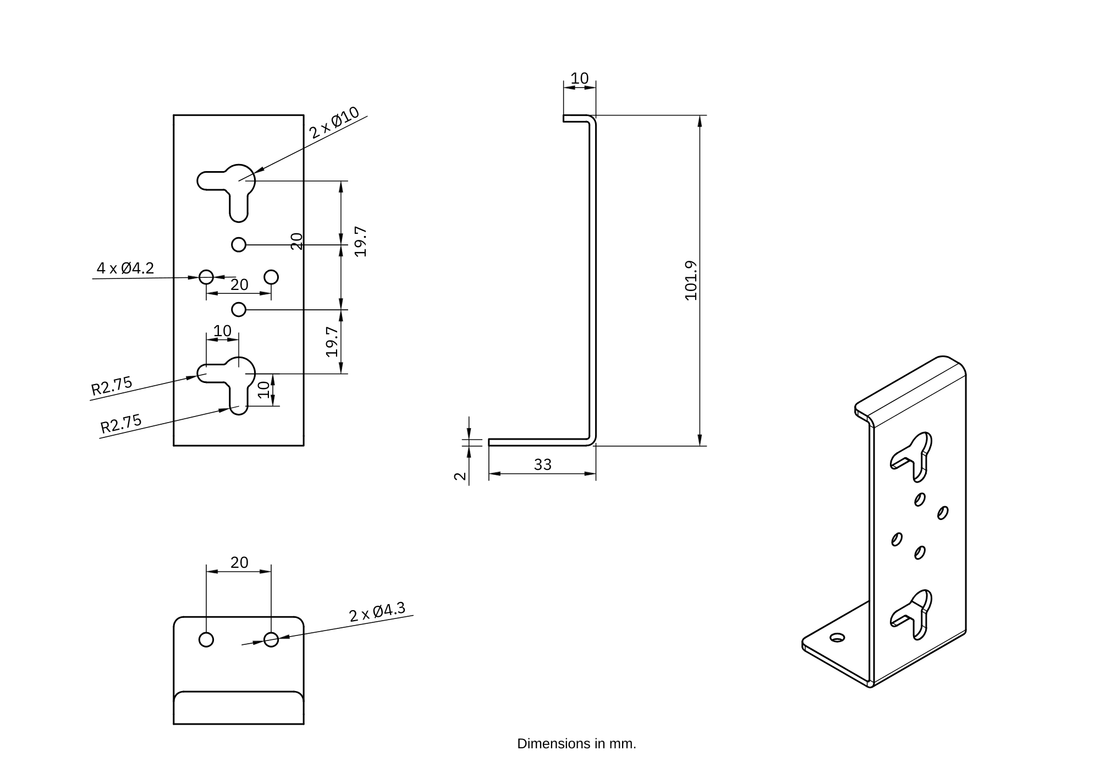 ALPON Wall Mount Kit bracket dimensions drawing for the Sixfab ALPON X4