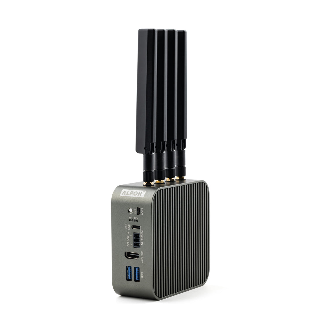 ALPON X5 AI standing upright, side view with USB ports and four antennas