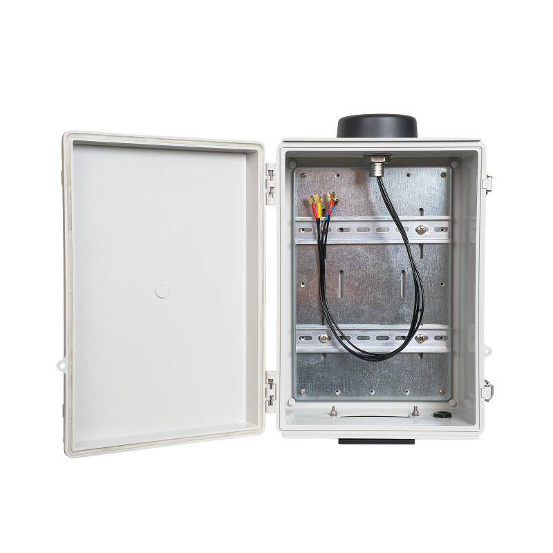Sixfab Edge Outdoor Kit opened, showing the DIN rail, mounting plate and antenna cables inside