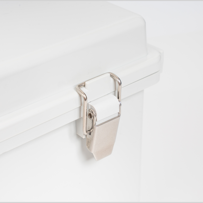 Stainless steel latch on the Sixfab Edge Outdoor Kit enclosure