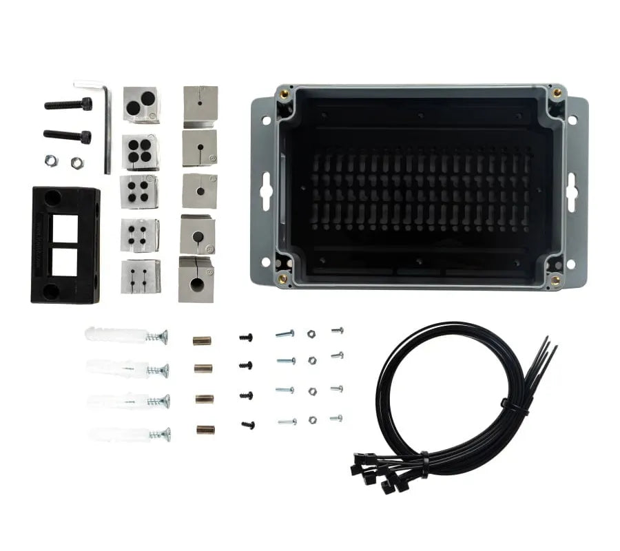 Sixfab IP65 outdoor Raspberry Pi enclosure package contents: case, clear cover, acrylic base plate, cable insert plugs, grommet frame, mounting hardware and tools