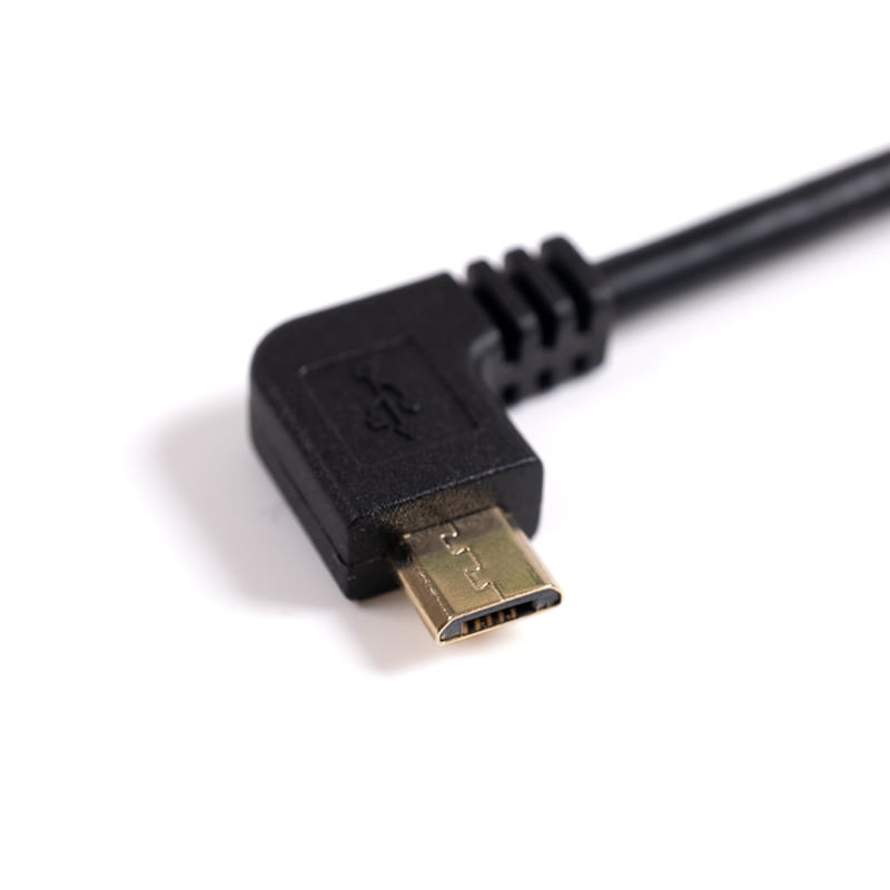 Sixfab 8 cm right-angle micro USB cable laid flat showing both 90-degree ends and the short double-side right-angle configuration for HAT-to-Pi wiring