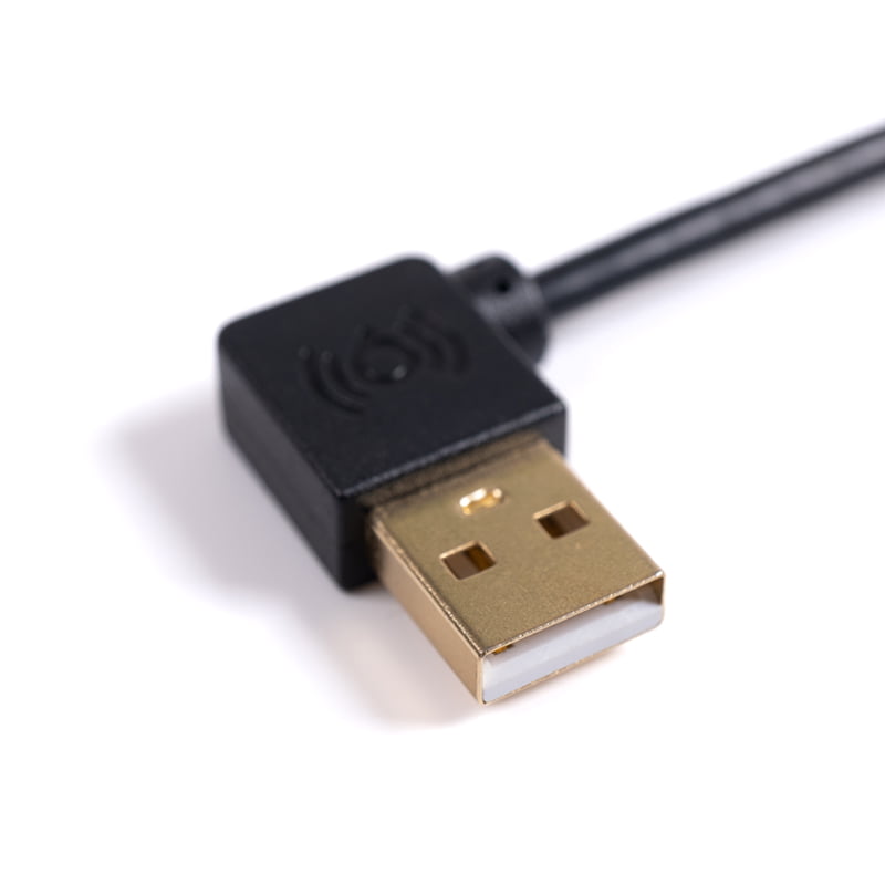 Close-up of the right-angle USB micro-B (5-pin) connector on the Sixfab 8 cm cable that plugs into the Sixfab cellular HAT debug port