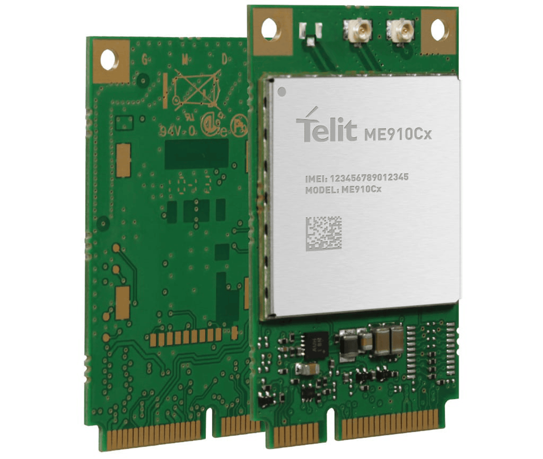 Telit ME910C1-WW Mini PCIe LTE-M and NB-IoT module, top-down view of the Cat M1 / NB1 LPWA card