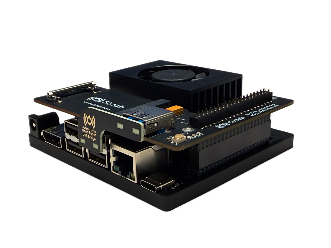 Sixfab USB Bridge adapter, alternate angle showing the USB connector and board edge