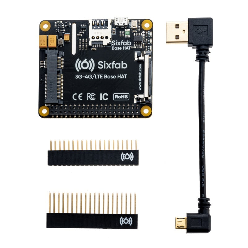 Sixfab 3G-4G/LTE Base HAT, rear view, USB 2.0 over GPIO Mini PCIe carrier for Raspberry Pi