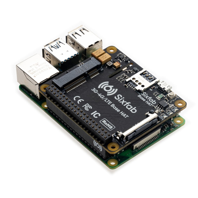 Sixfab 3G-4G/LTE Base HAT, detail view, antenna connector landings and Mini PCIe carrier for Raspberry Pi