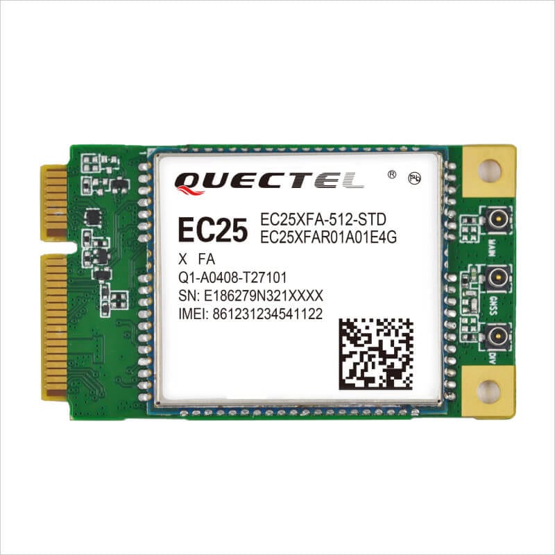 Quectel EC25 Mini PCIe 4G LTE module, front view of the full-size Mini PCIe card with on-module GNSS receiver