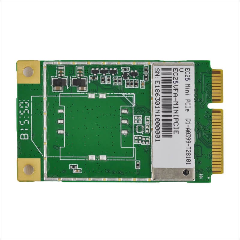 Quectel EC25 Mini PCIe LTE module, angled view showing the gold edge connector, U.FL antenna ports, and variant label