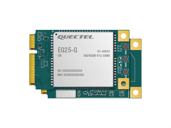 Quectel EG25-G Mini PCIe LTE Cat 4 cellular module, top-down view showing the 51 × 30 mm board and U.FL antenna connectors