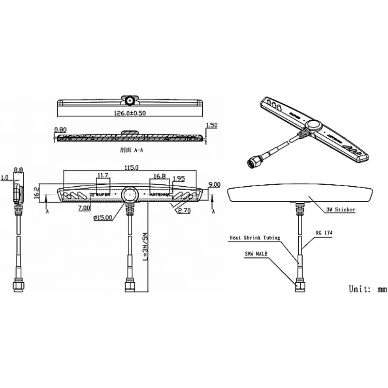 Dimension and RF spec diagram for the 2.5 dBi LTE antenna: 126 x 124 x 8.8 mm panel, 824-2655 MHz