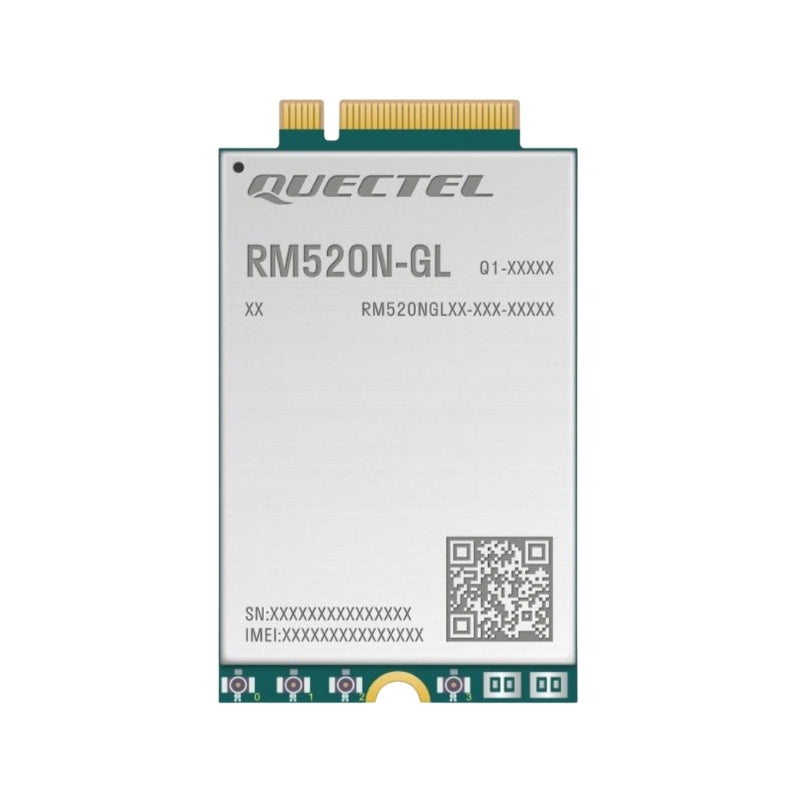 Quectel RM520N-GL 5G NR Sub-6 GHz cellular module, top-down view of the M.2 Key B card showing the gold edge connector and component layout.